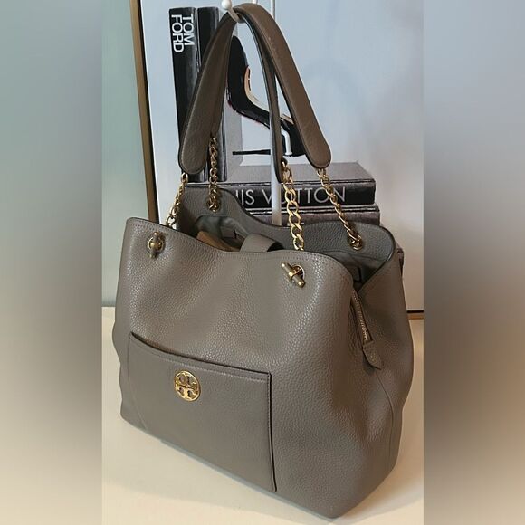 Tory Burch Gray Leather Shoulder Bag Tote - Picture 8 of 14